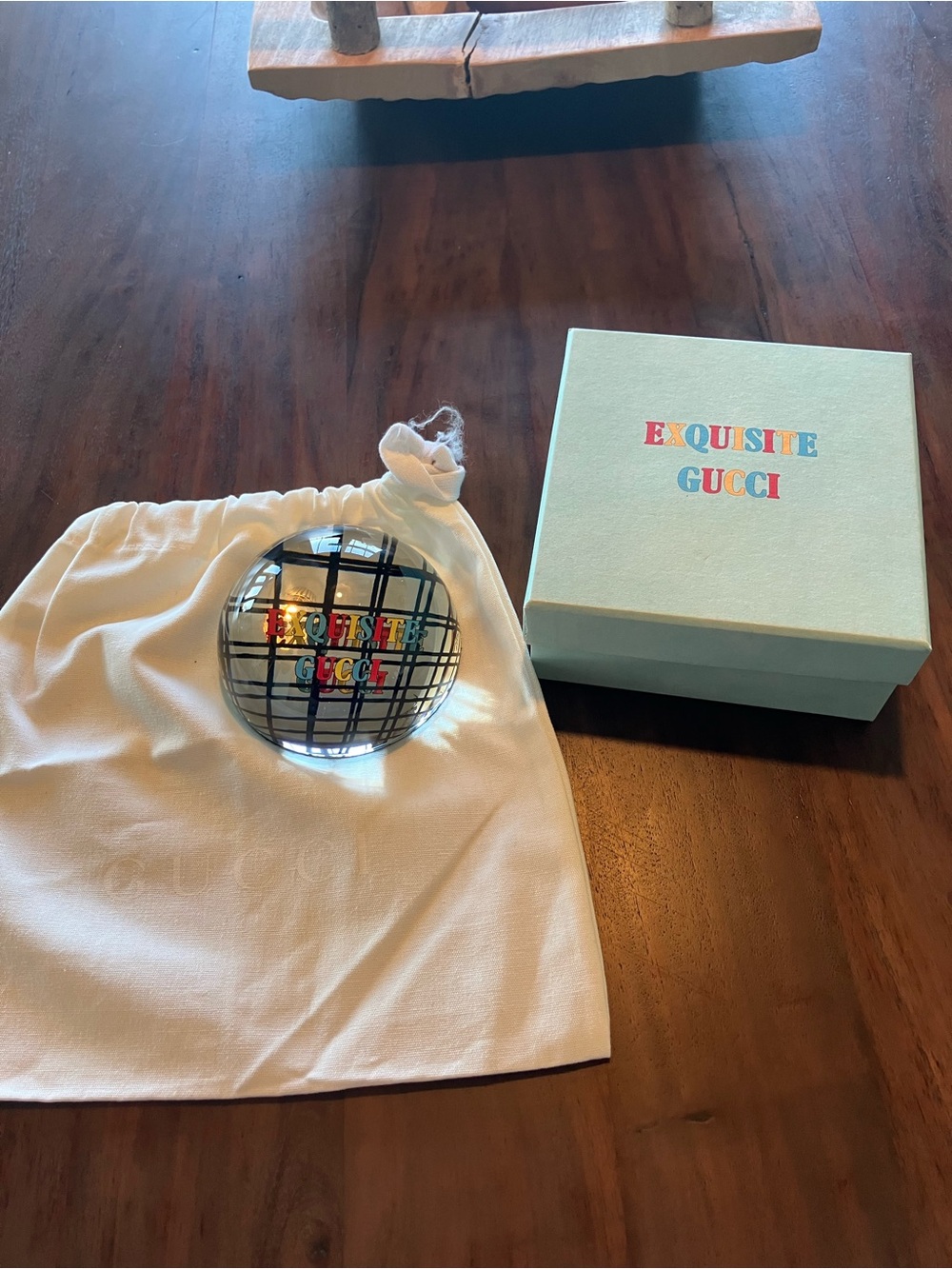 Gucci Clear Glass Paperweight with Black Grid and Multicolor Logo